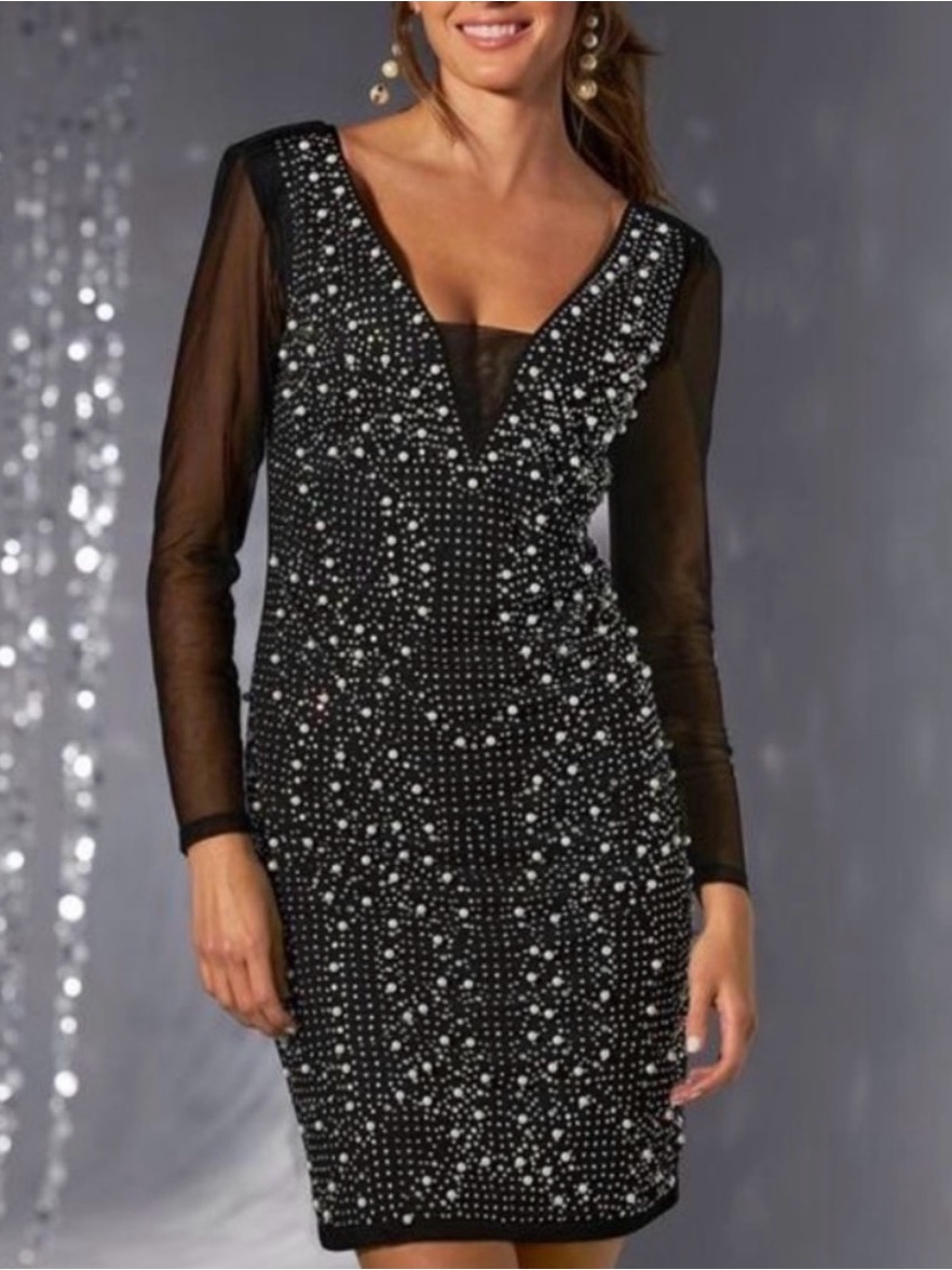 Boston Proper Black Beaded Long Sleeve Sheer-Inset Dress